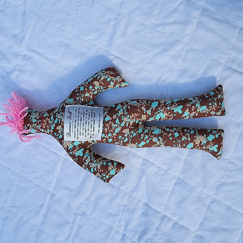 Vintage Dammit Doll for when you want to scream, brown & blue, pink hair, 12.5"
